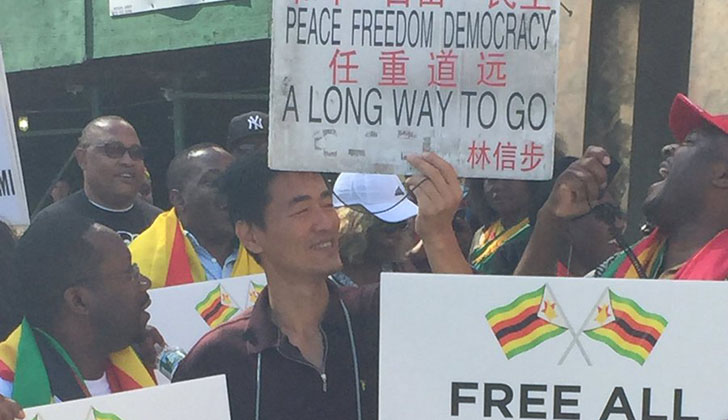 Chinese man joins Anti-Mugabe protest with placards written in Chinese