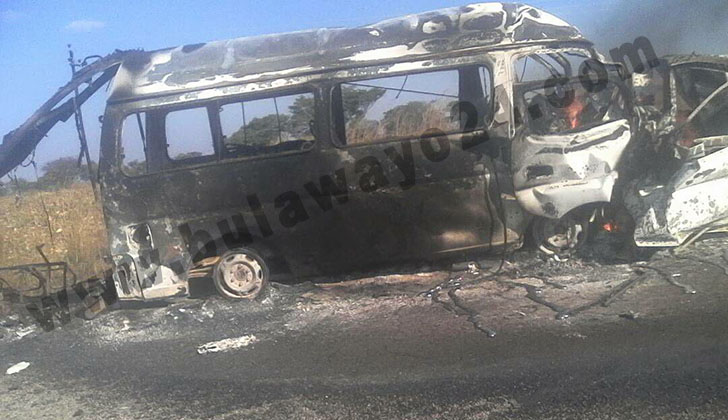 A kombi reportedly collided with a car before the vehicles went up in flames burning eleven people beyond recognition  this afternoon along Mvurwi-Centenary highway.