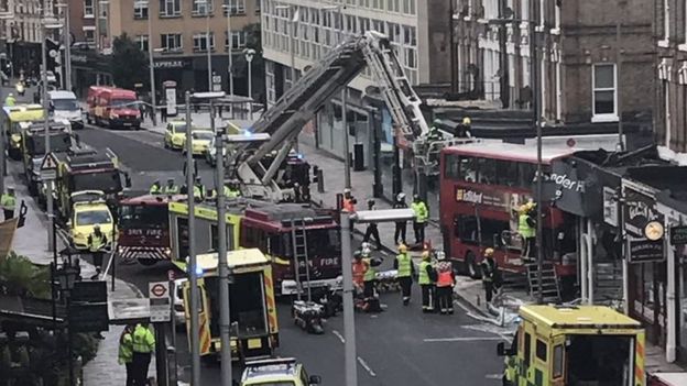 BUS  (77) crashed into a shop in south London Lavender Hill  causing the shop front to collapse leaving two women trapped on the top deck