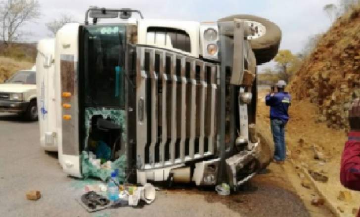A haulage truck overturned along the Bulawayo – Masvingo highway almost blocked traffic using the road this morning.
