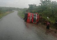 ACCIDENT: FOUR  PEOPLE DIED AND SEVERAL OTHERS WERE INJURED on Thursday morning after a Zambia-bound TRIP TANS bus with 72 passengers onboard, overturned near Marongora, about 274km north of Harare when the driver failed to negotiate a curve under wet conditions on the road leading to the Zimbabwe -Zambia Chirundu border post