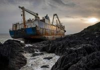 AN ABANDONED  ‘ghost ship’ drifted in the Atlantic for a year and washed up off the coast of County Cork, Ireland, in  Storm Dennis