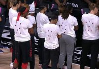 WNBA players from the Atlanta Dream and Washington Mystics join protests against the shooting of Jacob Blake, wearing T-shirts with holes in them representing how many times he was shot by police.