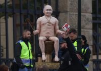 A NUDE EFFIGY OF RUSSIAN PRESIDENT  Vladimir Putin perched on top of an ornate golden toilet has been put up for auction by a group of Czech activists who plan to use the proceeds from the sale to buy and send a combat drone to Ukraine’s forces.